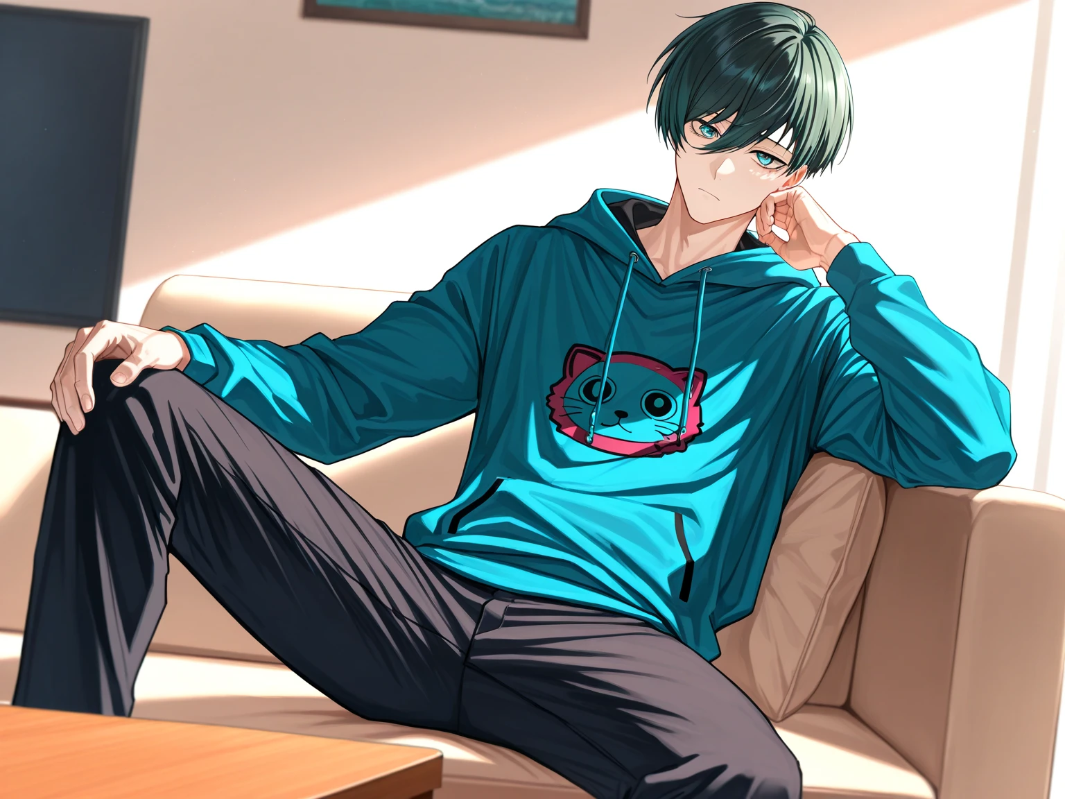 (masterpiece, best quality), amazing quality, very aesthetic, absurdres, highres, newest, HDR, 8K, extremely detailed face and eyes, male focus, 1boy, closed mouth, Itoshi Rin, Blue Lock, dark green hair, teal eyes, underlashes, short hair, sexy man, handsome, blue hoodie, pants, solo, modern_bg, cozy, living room, sitting on couch, table