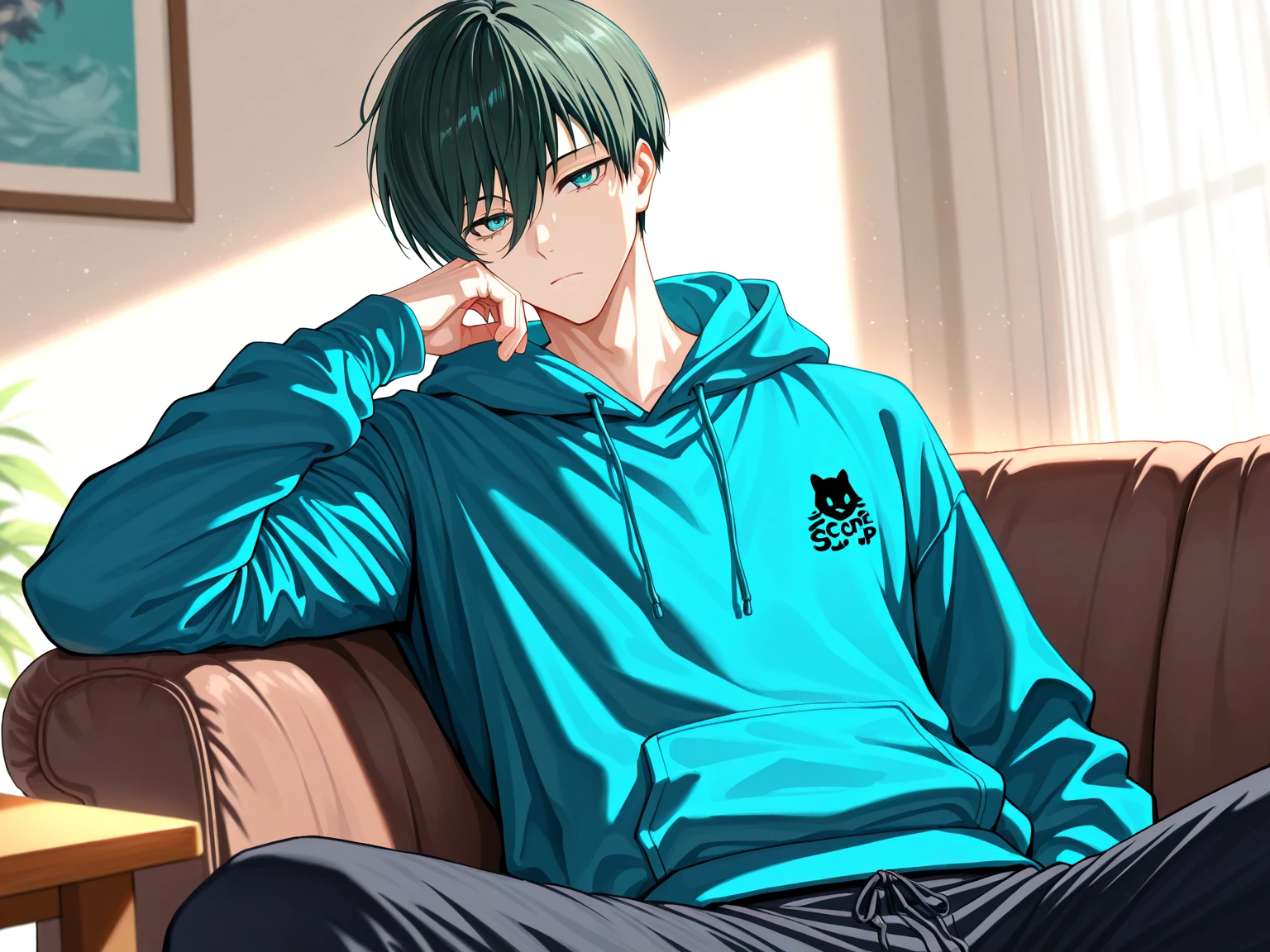 (masterpiece, best quality), amazing quality, very aesthetic, absurdres, highres, newest, HDR, 8K, extremely detailed face and eyes, male focus, 1boy, closed mouth, Itoshi Rin, Blue Lock, dark green hair, teal eyes, underlashes, short hair, sexy man, handsome, blue hoodie, pants, solo, modern_bg, cozy, living room, sitting on couch, table