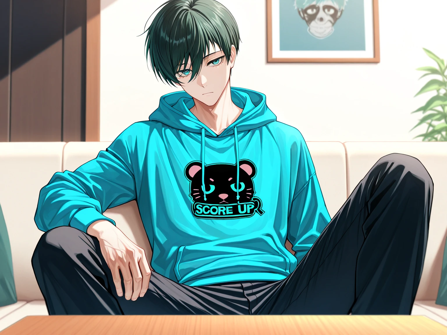 (masterpiece, best quality), amazing quality, very aesthetic, absurdres, highres, newest, HDR, 8K, extremely detailed face and eyes, male focus, 1boy, closed mouth, Itoshi Rin, Blue Lock, dark green hair, teal eyes, underlashes, short hair, sexy man, handsome, blue hoodie, pants, solo, modern_bg, cozy, living room, sitting on couch, table