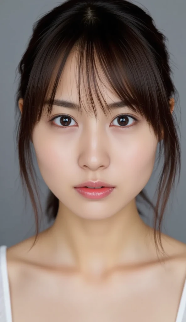  1 girl、Photo Mapping、Physically based rendering、 high image quality、 high res、1080P、( beautiful faces)、(Detailed description of the face)、( Detailed description of the hand setter&#39;Muscle area)、( CG in detail)、 rich details 、( Stunning Features :1.35)、( detail eyes)、 of cute ladies are looking forward to your eyes、Delicate clavicle、 Various Poses、 very realistic and detailed upper body portrait of a young woman。The skin is beautiful、 soft light reflecting high on her cheeks .、 Tiny pores and hair follicles、 You can see even the thinnest blood vessels 。The skin is smooth、natural flushing of cheeks 、Healthy glow。 The eyes are large and clear blue、Her iris has fine patterning、 Light is reflecting and shining in the eye。 There is a slight shadow under her eye 、 Her eyelashes are long and naturally curled。 her lips are soft pink 、Smooth texture with a natural glow、 Slightly reflects light。  the woman wears a simple white top  .、 background is pale black and white gradation .、 The focus is entirely on the face and upper body。 Realistic shadows and textures、 picture-like depiction.。
