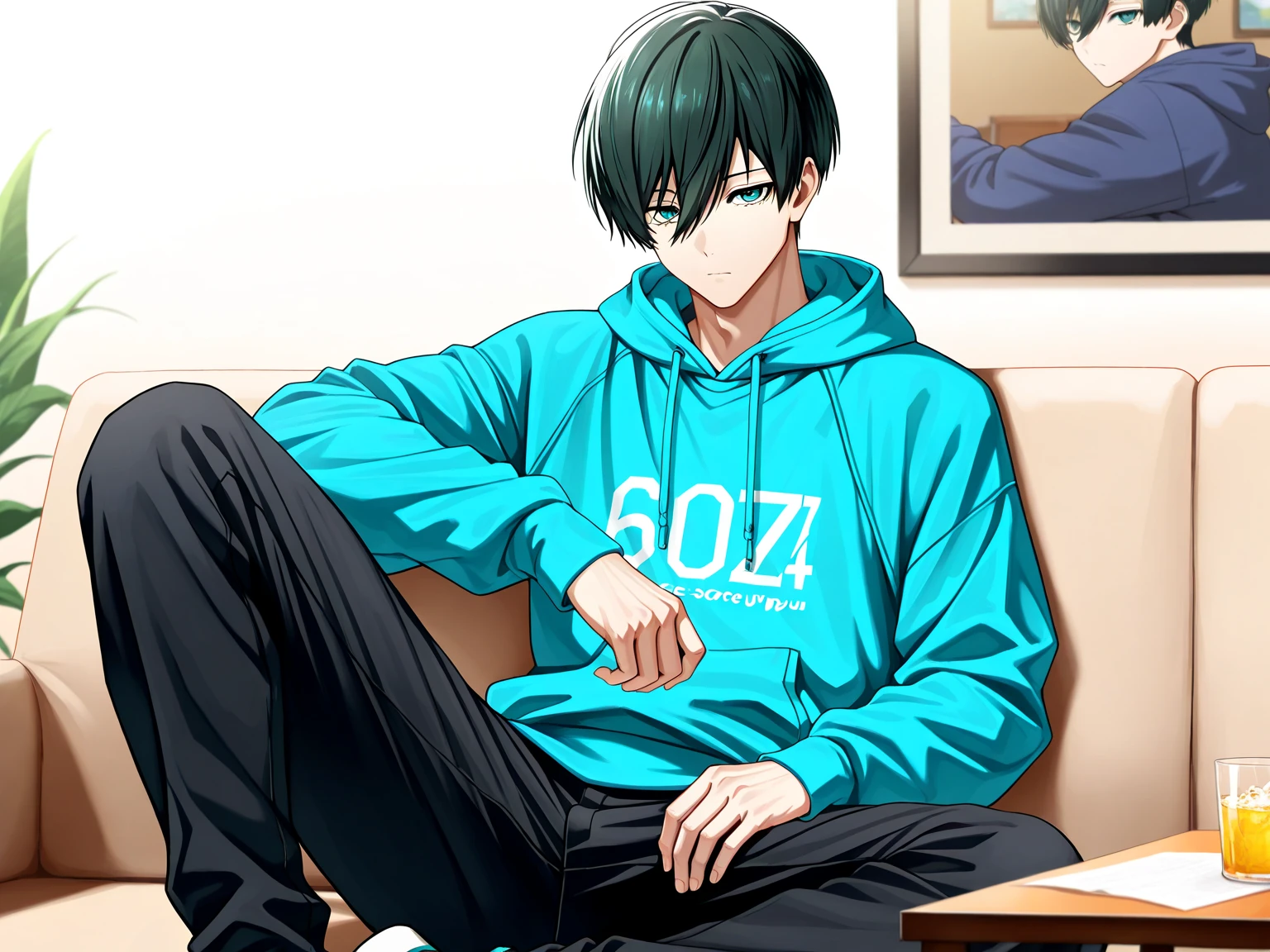 (masterpiece, best quality), amazing quality, very aesthetic, absurdres, highres, newest, HDR, 8K, extremely detailed face and eyes, male focus, 1boy, closed mouth, Itoshi Rin, Blue Lock, dark green hair, teal eyes, underlashes, short hair, sexy man, handsome, blue hoodie, pants, solo, modern_bg, cozy, living room, sitting on couch, table