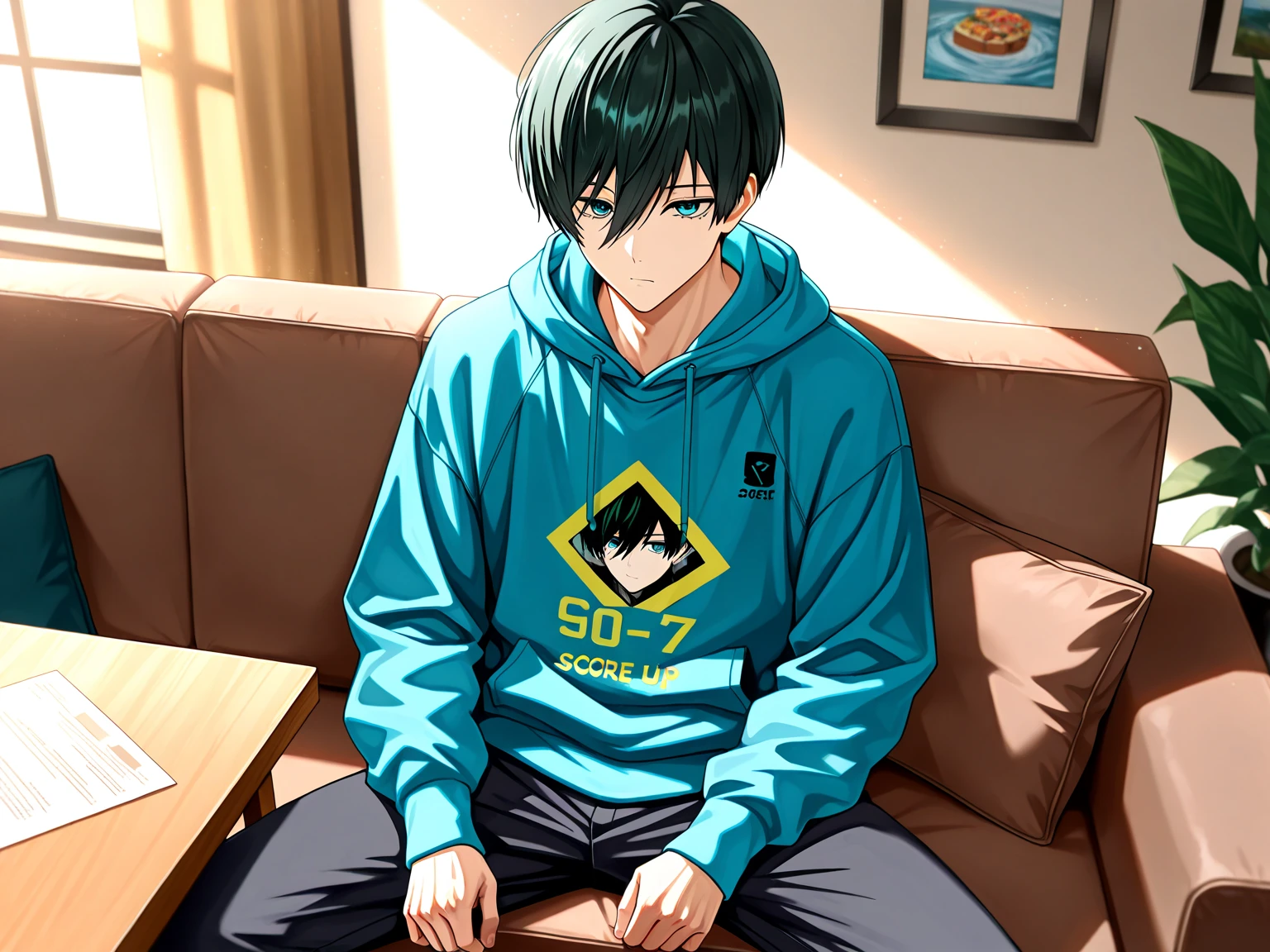 (masterpiece, best quality), amazing quality, very aesthetic, absurdres, highres, newest, HDR, 8K, extremely detailed face and eyes, male focus, 1boy, closed mouth, Itoshi Rin, Blue Lock, dark green hair, teal eyes, underlashes, short hair, sexy man, handsome, blue hoodie, pants, solo, modern_bg, cozy, living room, sitting on couch, table