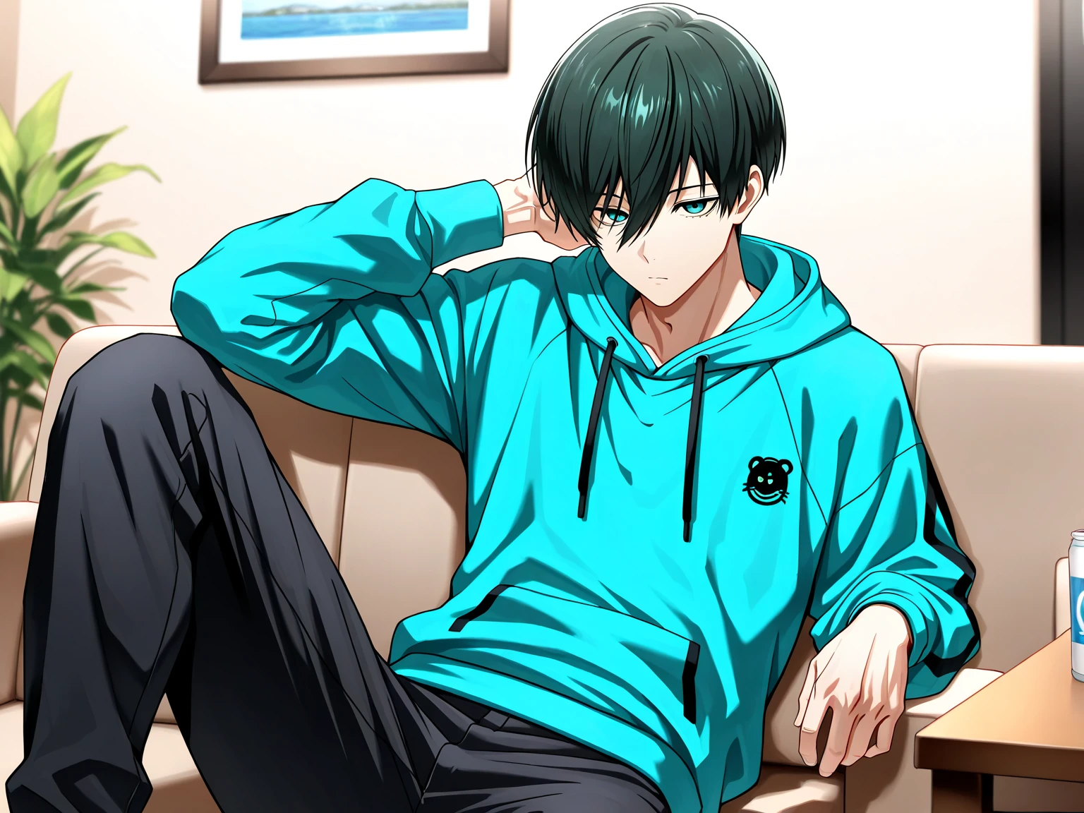 (masterpiece, best quality), amazing quality, very aesthetic, absurdres, highres, newest, HDR, 8K, extremely detailed face and eyes, male focus, 1boy, closed mouth, Itoshi Rin, Blue Lock, dark green hair, teal eyes, underlashes, short hair, sexy man, handsome, blue hoodie, pants, solo, modern_bg, cozy, living room, sitting on couch, table