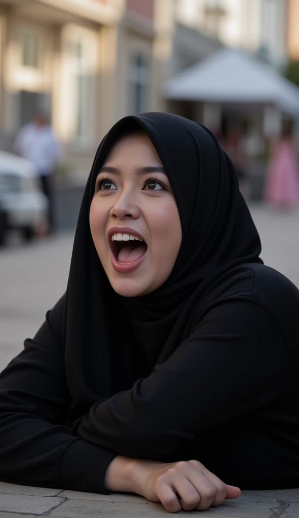 a muslim girl, screaming with pleasure, lying on a big brown dick, show anus, fully dressed in black burka, sweaty body, voluptuous body, focusing on her ass, mega exaggeratedly inflated hips, large hips and extra big ass, hips too large and wide, slim waist, behind, very close up, in a street,