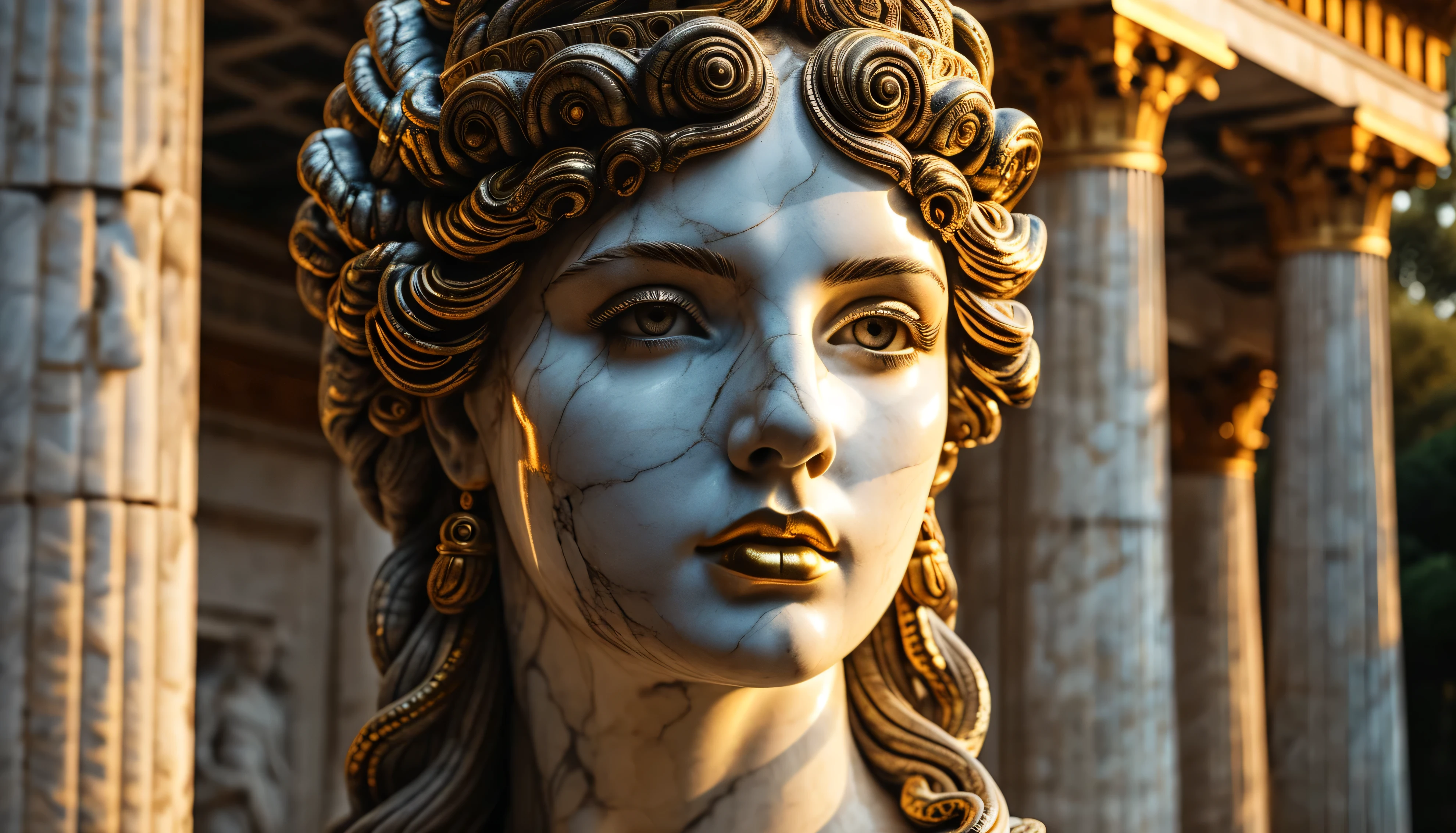 midjourney, estátua, cabelo de cobras medusa, ultra realistic, ancient greek temple, rome, detailed face, beautiful detailed eyes, beautiful detailed lips, extremely detailed eyes and face, long eyelashes, hyper realistic, 8k, photorealistic, masterpiece, intricate details, chiaroscuro lighting, dramatic lighting, cinematic, epic scale, ornate architecture, ionic columns, marble, stone, lush foliage, dramatic clouds, golden hour