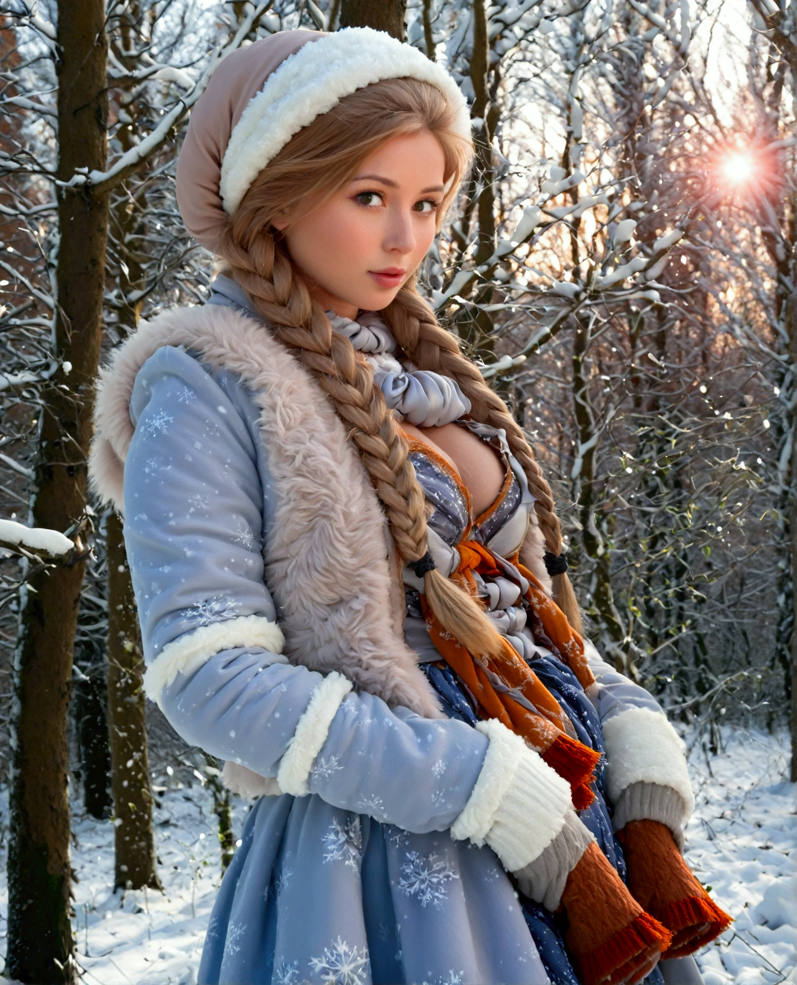 A beautiful plump Snow Maiden stands in a snowy forest , she has a thick braid ,  she is wearing a red coat and a long blue skirt with patterned snowflakes,  looks straight ,  close-up , frost on tree branches , snowflakes,  warm lighting , rays of the sun