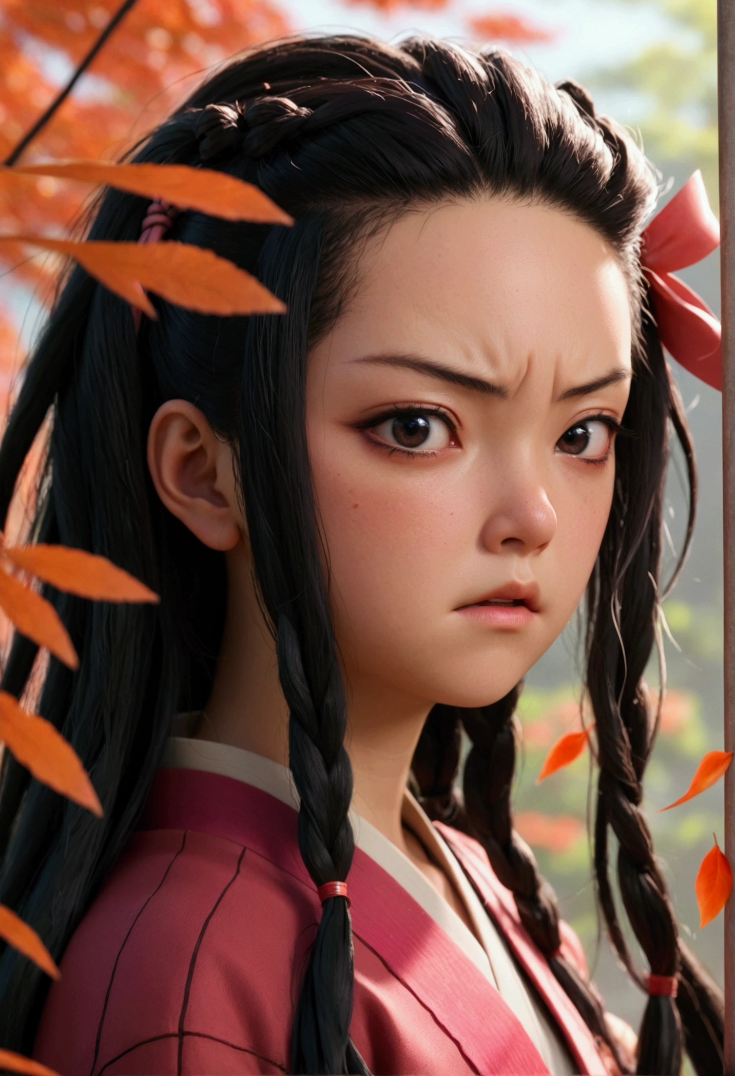 Nezuko , Close-up photo , he is angry,  Realistic Portrait , 8k, Perfection,   Virtual Reality . 