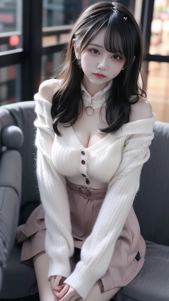Fantasy. Irene Bae JooHyun, sitting, bare shoulders, detailed (((loose))) white sweater. large breasts, half body portrait, ((looking at away)), stunningly beautiful, mint hair, blush, humble, bangs, table, home, hands. highly detailed. Cinematic lighting, (nsfw:1.27)