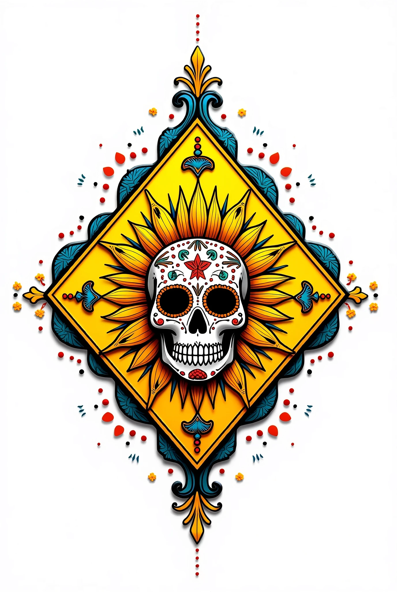 Vector flat Flyer, Flyer flat vector 2D image of a skull surrounded by ornamental elements such as mates, flowers, garlands of lights and native plants, colors Orange, Turquoise and Black