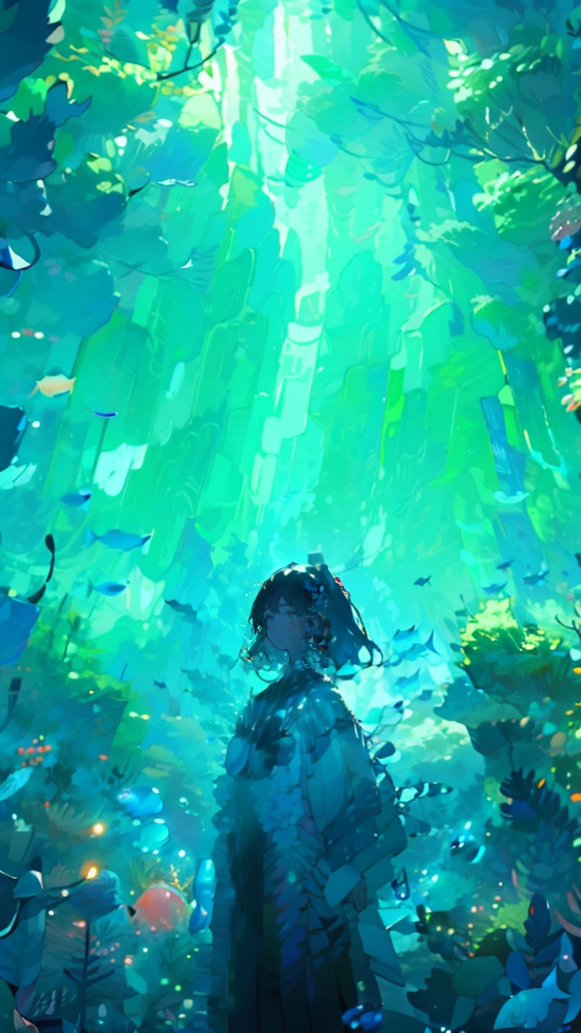 ocean，Coral Reef，Small school of fish，Light，bubble，jellyfish，ocean藻，(深ocean:1.4)，fantasy，ocean底，float，((panoramic)), (exquisite artwork), best quality, high resolution, (Extremely detailed), Anatomically correct, Ultra HD, Textured Skin，Design your images using the fisheye effect, Capturing a wide perspective in a unique way, Bent perspective, Use pointillism to depict images, Carefully placed dots of color create a cohesive and visually striking overall effect.