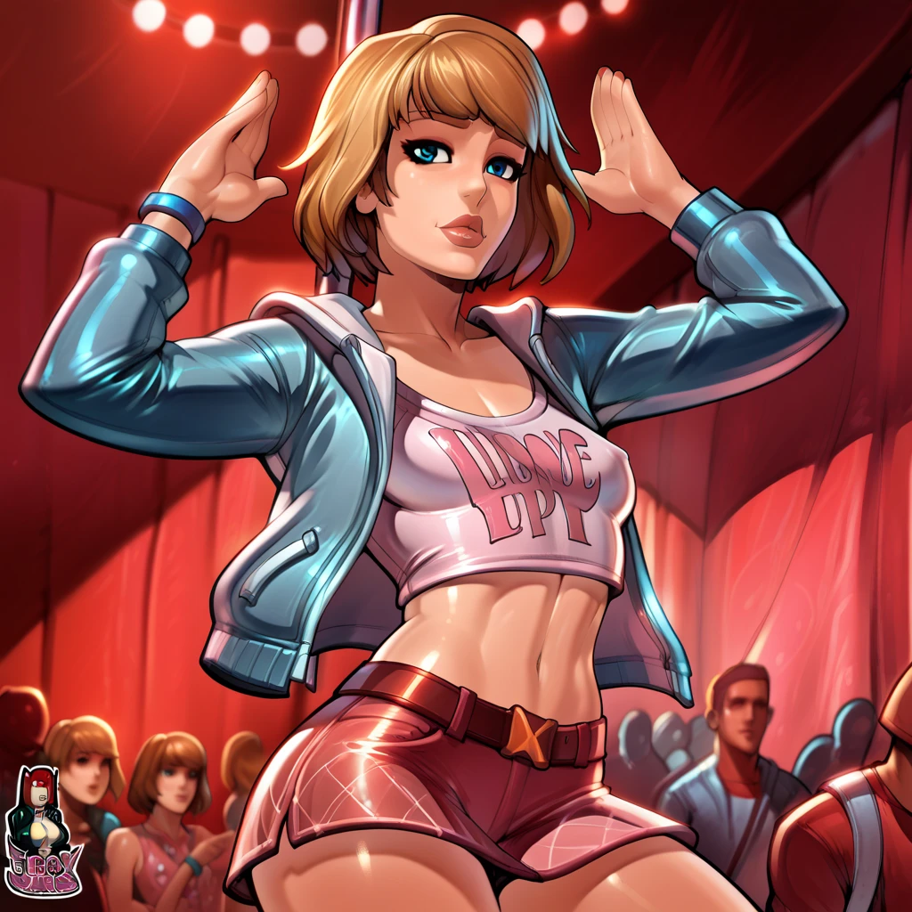 score_9, score_8_up, score_7_up, score_6_up, max-caulfield, life-is-strange, 1girl, short hair,,blonde hair, blurry background, lips, blue eyes,reiq art style,dressed as a stripper,dancing