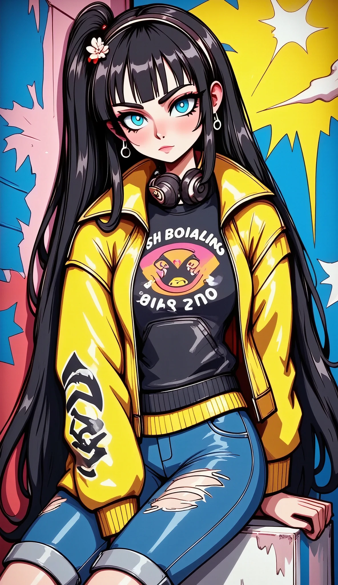   painting of a woman sitting on a wall smoking a cigarette  ,   wearing headphones this one with the feet resting on the headset with the legs crossed,  sneakers ,   yellow coat jacket with geometric patterns  ,   falls on the shoulders  ,   rolled jeans  ,   the lower part of the wall is peeled with cyan colors  ,   blue yellow and orange   ,  black sweatshirt with inscriptions  ,  Look slightly down  ,   with one hand on the cigarette  ,   straight hair with a stripe in the middle  , Shiny hair,    cyberpunk art inspired by Yanjun Cheng  ,   trend in ArtStation  , street art,   artwork in the style of Guweiz  , guweiz, guweiz&#39;s Masterpiece , guweiz on ArtStation Pixiv, Cyberpunk streetwear, trending on cgstation, guweiz on pixiv artstation, Style Ross Tran