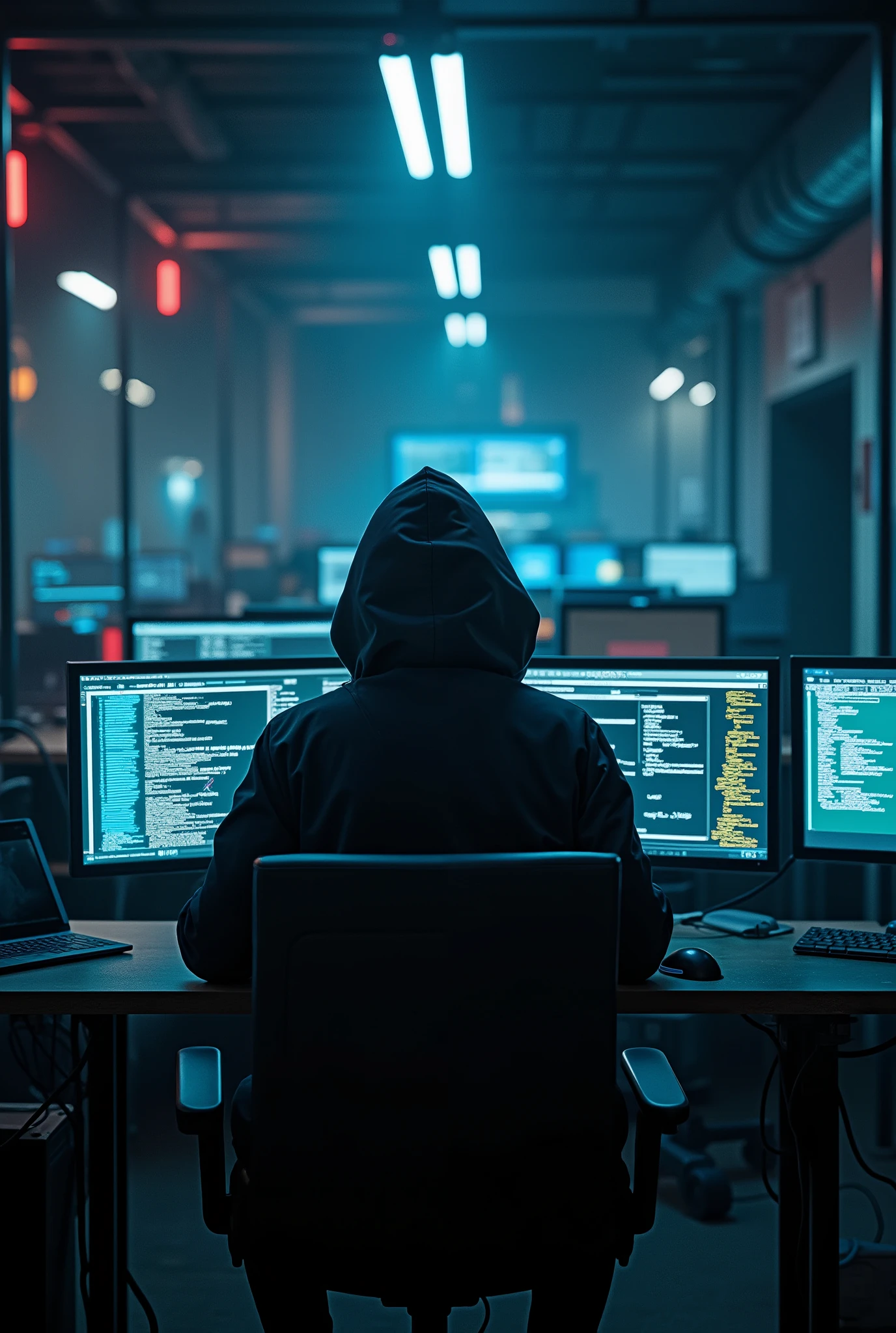 A hacker sits with his back to a leather chair at a computer with three monitors, writing code and smoking a cigar.