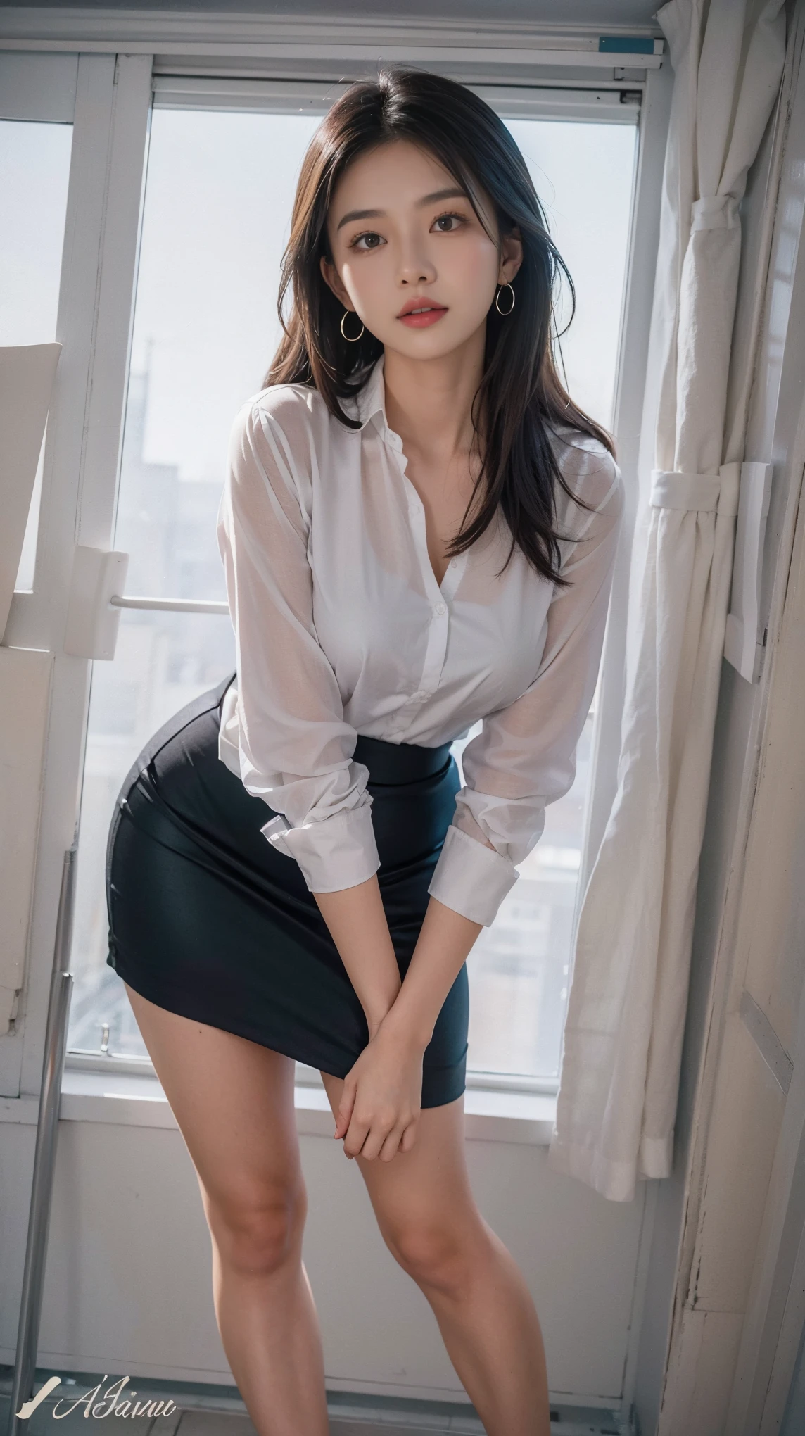 (best qualtiy,8K,tmasterpiece:1.3),(sharp fokus:1.2),(one-girl:1.2),(perfect body figure:1.4),(Slim abs:1.1),(shirt:1.4),(pleatedskirt:1.2),inside in room,rays of sunshine,Fine face,beautidful eyes,Straight legs。