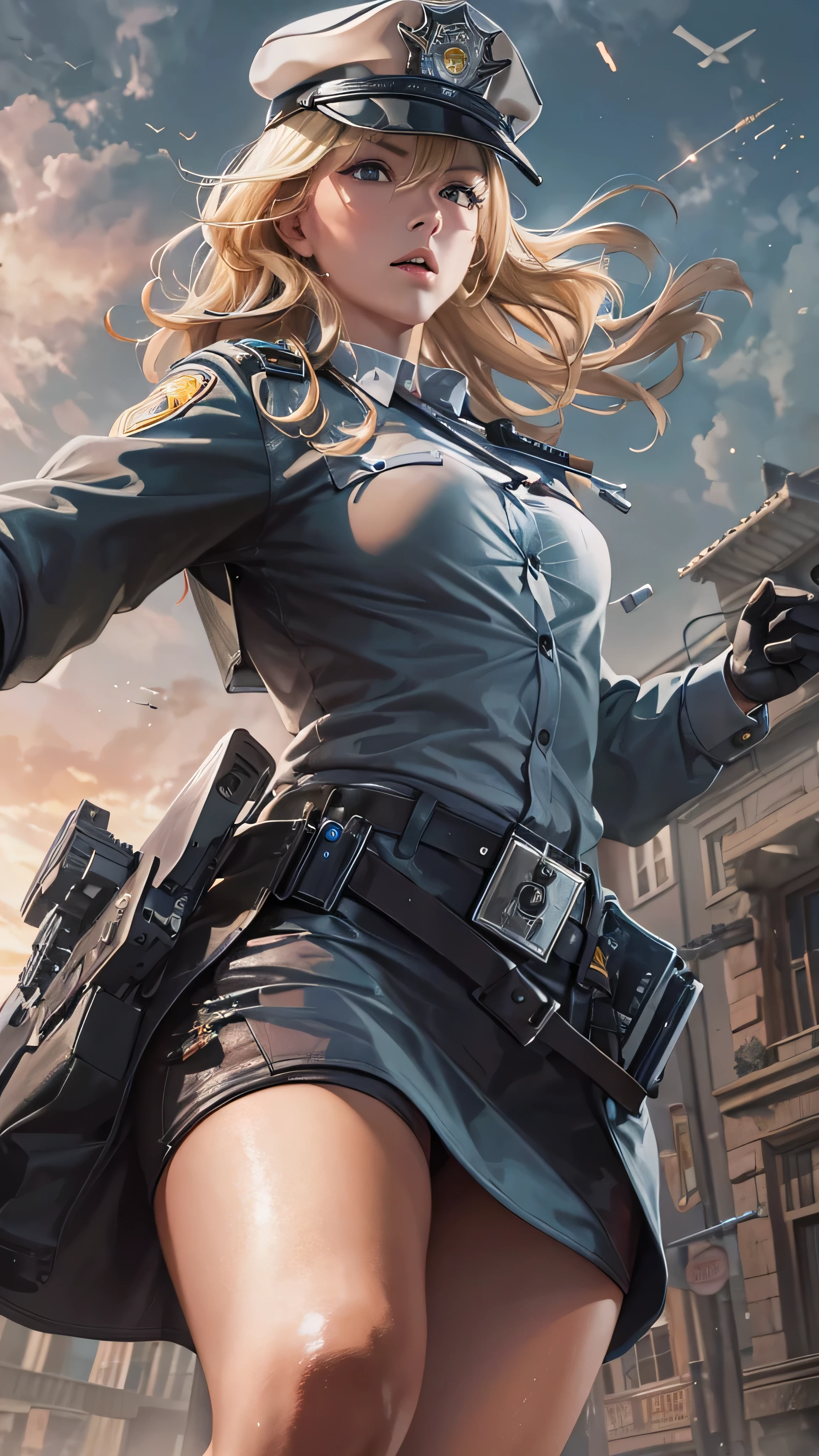  in high-definition images，Strange resolution ,  high res, (masterpiece: 1.4),  super detailed , Blond haired young woman dressed as a police officer, Street Fight ,  sticks out in front of her body and shoots a machine gun。