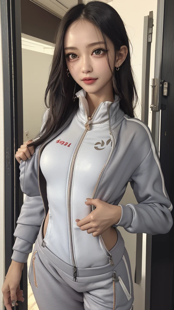 (Masterpiece: 1.2, Best Quality), Realism, (Real Pictures, Intricate Details, Depth of Field), (1girl, Solo), Makeup, Lips Apart, High Detail, (((Perfect Complete Face))), (Huge Tits: 1.4), (Skindentation), ( Slender Legs)), Wide Buttocks, Thin Waist, Tall, Coral Lips, Long Hair, Dark Eyes, ((Beauty Wearing Short Vest Racing Suit, Showing Slender Waist, (Waist Vest Line), Shorts, Slender Beautiful Legs, Stockings, Enchanting body)), (sweating: 1.2), (wet), sexy, blush,
