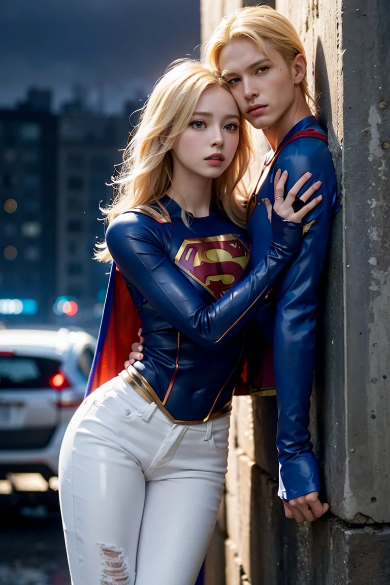 Trem lotado, supergirl loira sexy, handsome man holding her from behind and talking in her ear, Elevation-a, mini red skirt swinging up, 40k, fotografia, obra-prima da Supergirl loira e bela, melhor qualidade, fundo cinza escuro, (1supergirl olhos bem azuis e cabelos loiros logo enrolados com pernas abertas), seios grandes perna totalmente aberta, (round swinging sexy miniskirt: 1.3), (camisa branca aberta: 1.3), young man leaning against her from behind picking her up, Poses variadas. Wearing super heroine costume. um bonito, Man held her from behind.