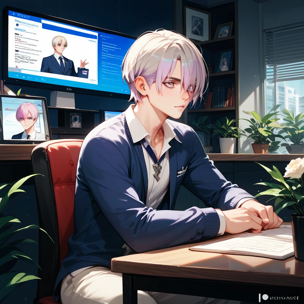 score_9, score_8_up, score_7_up,((8k)),1boy, university student,platinum blond mash hair,Grey Eyes, Incredibly Handsome,Tall, slender