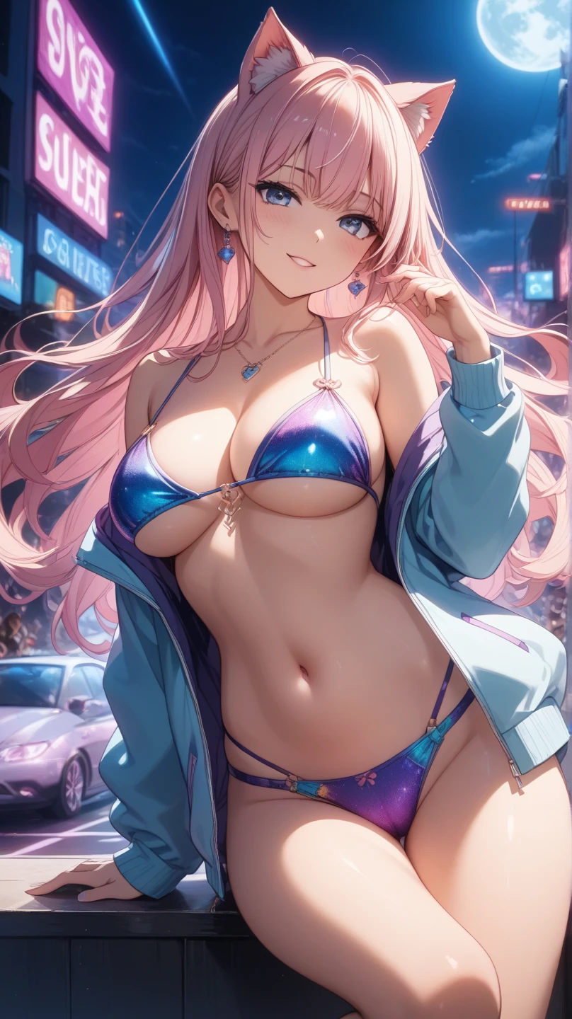girl spacepunk,(((1girl))),((beautiful girl with cute cat ears)),
(large breasts:1.4),saggy breasts,((black hair,black messy hair,colored inner hair,long hair:1.5,absurdly long unkempt hair:1.35,long black hair,ear breathing,intricate cut hair)),((((cat ears,cat ears on head,big cat ears)))),(((neon_pink_eyes:1.3))),intricate eyes,beautiful detailed eyes,symmetrical eyes,((fat)),(((lustrous skin:1.5,bright skin: 1.5,skin tanned,shiny skin,very shiny skin,shiny body,plastic glitter skin,exaggerated shiny skin,illuminated skin,wet legs))),(spider lower abdomen,narrow waist,wide hip,athletic body,inflated legs,detailed body,(detailed face)),
cute,slutty,seductive,erotic,(((nsfw))),
(graffiti art in clothes),zettai ryouiki,revealing clothing,show skin,((((underboob)))),((cleavage)),(semi-naked,with little clothing,((tiny thong, armor thong intricate)),large sport socks,visible thong straps,no bra),((((crop top hoodie,cropped hoodie,hoodie,hoodie intricate)))),(((wet clothes,intricate outfit,intricate clothes))),
(dynamic pose:1.0),solo focus,embarrassed,(centered,scale to fit dimensions,Rule of thirds),
cyberpunk city by the ocean at night, with bright neon signs and dark stormy clouds and puddles, scenery:1.25,
artistic photography,(photography taken by sldr),highres, sharp focus, (ultra detailed, extremely detailed), (photorealistic artwork:1.37),(extremely detailed CG unity 8k wallpaper),((synthwave background theme)),(((vibrant colors))),(intricate background),(masterpiece),(best quality),