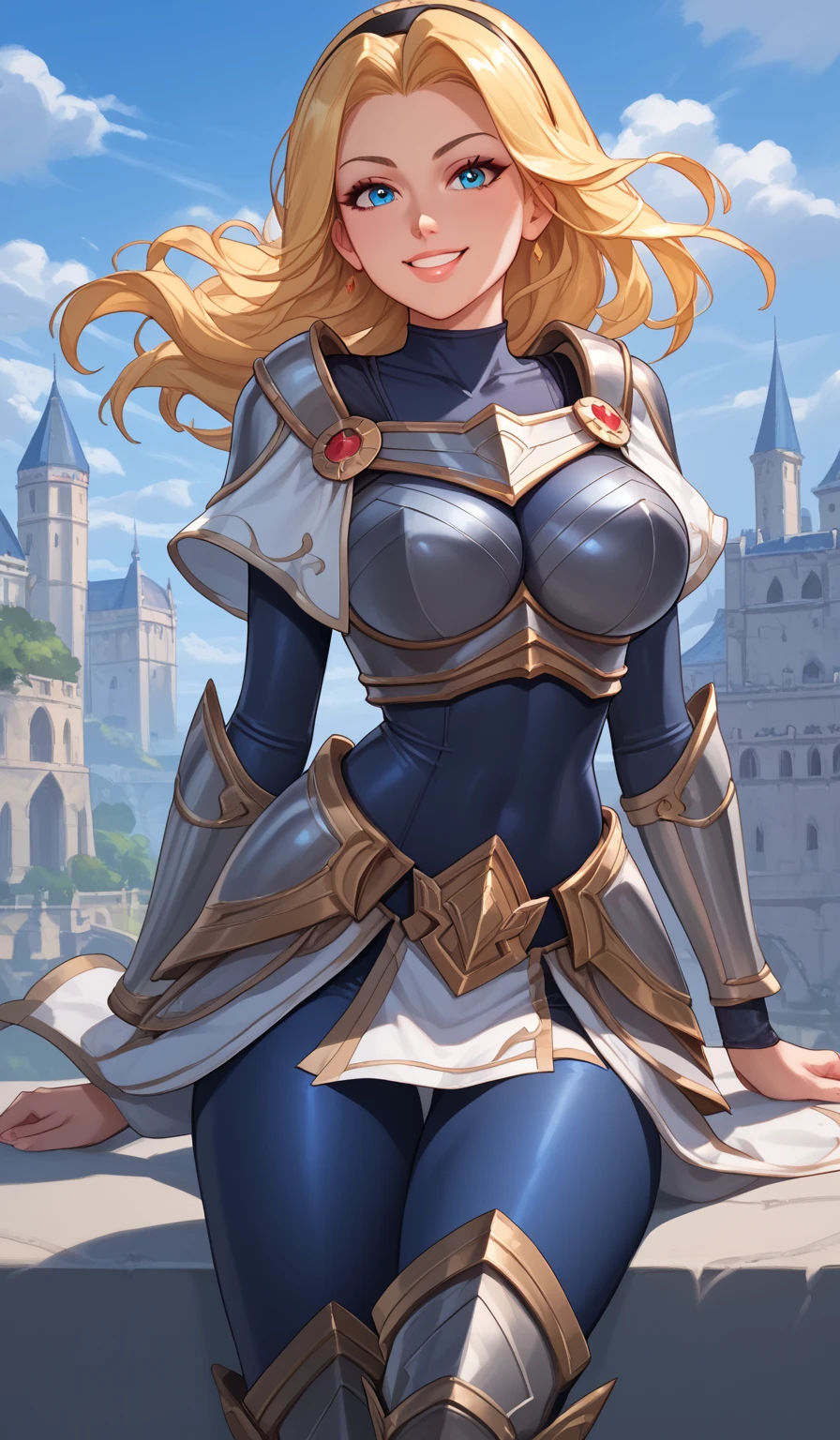 score_9, score_8_up, score_7_up, score_6_up, score_5_up, score_4_up, LuxLoLXL, blue eyes, blonde hair, long hair, black hairband, big breasts, collarbone, shoulder armor, armor, blue bodysuit, breastplate, long sleeves, faulds, skirt, blue pants, armored boots, ((((big breasts)))), smile, alone full body,sitting on a cloud, blue sky clouds , knee high boots