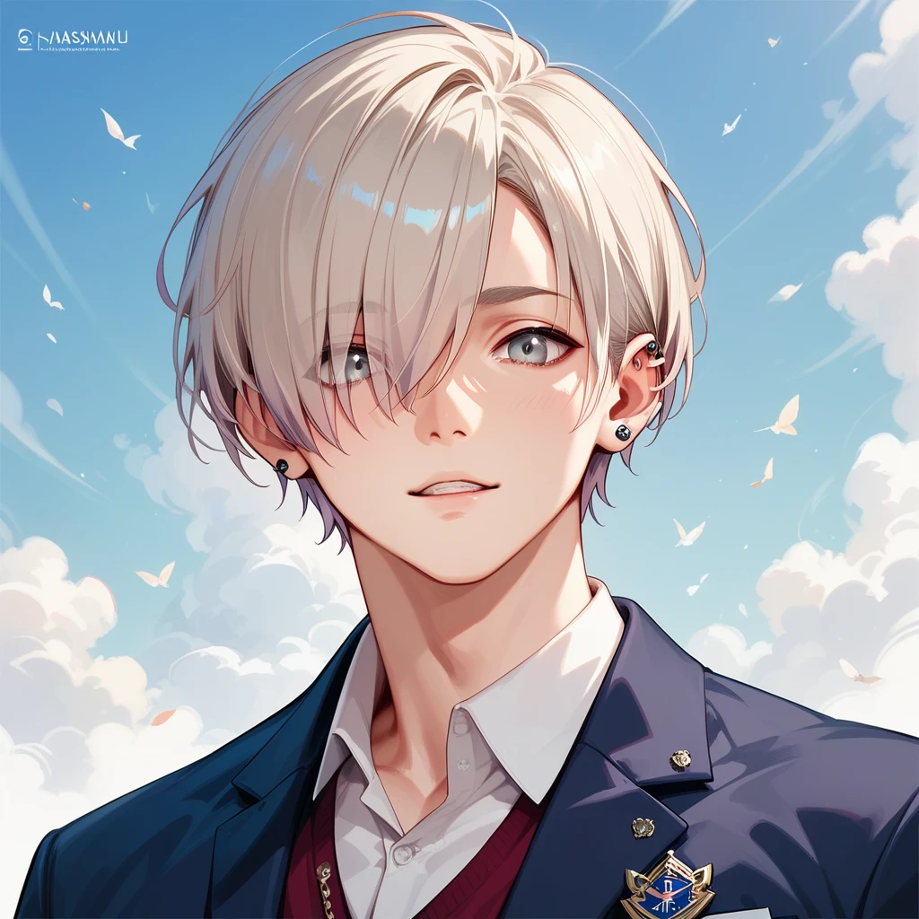 score_9, score_8_up, score_7_up,((8k)),1boy, university student, platinum blonde mash hair,Grey Eyes, Incredibly Handsome,Tall, slender,Unique and stylish outfit ,Piercing in one ear