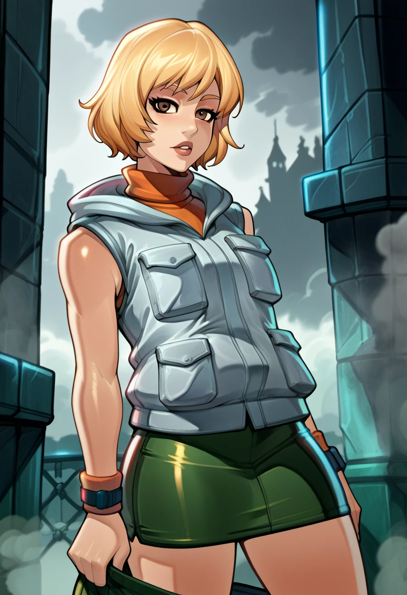 score_9, score_8_up, score_7_up, source_anime BREAK 1girl, solo, hthrdf, brown eyes, blonde hair, short hair, white vest, orange sweater, turtleneck, sleeveless, wristband, green skirt, hood down, parted lips, looking at viewer, standing, outdoors, fog, overcast, foggy, [grey background::0.2]reiq art style