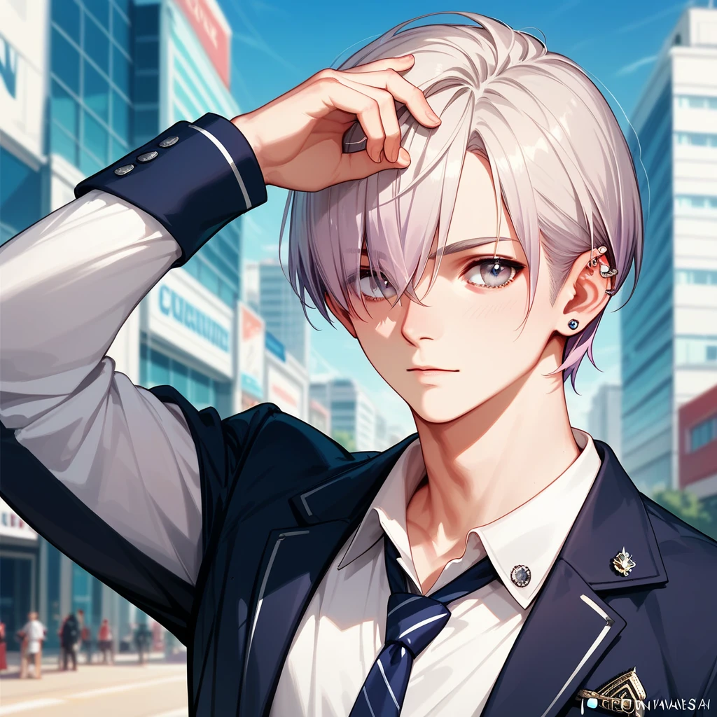 score_9, score_8_up, score_7_up,((8k)),1boy, university student,platinum blond mash hair,Grey Eyes, Incredibly Handsome,Tall, slender,Unique and stylish outfit ,Piercing in one ear,Alone