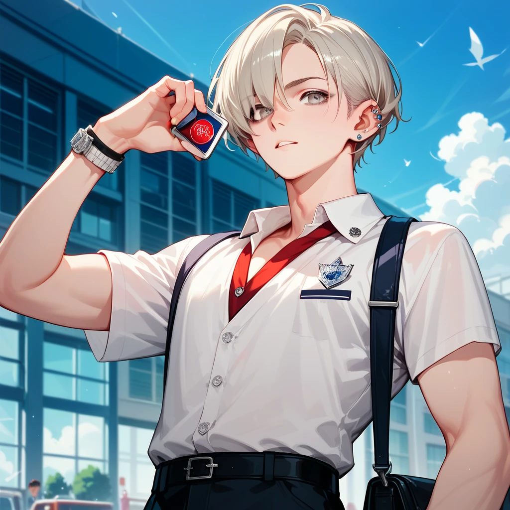 score_9, score_8_up, score_7_up,((8k)),1boy, university student, platinum blonde short hair ,Grey Eyes, Incredibly Handsome,Tall, slender,Unique and stylish outfit ,Piercing in one ear,Alone