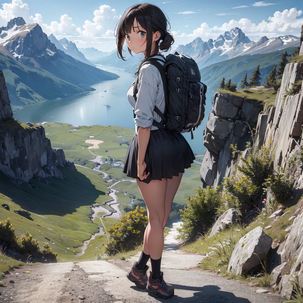 Young woman, brunette, hiker, backpack, survivalist, grey sky, mountain