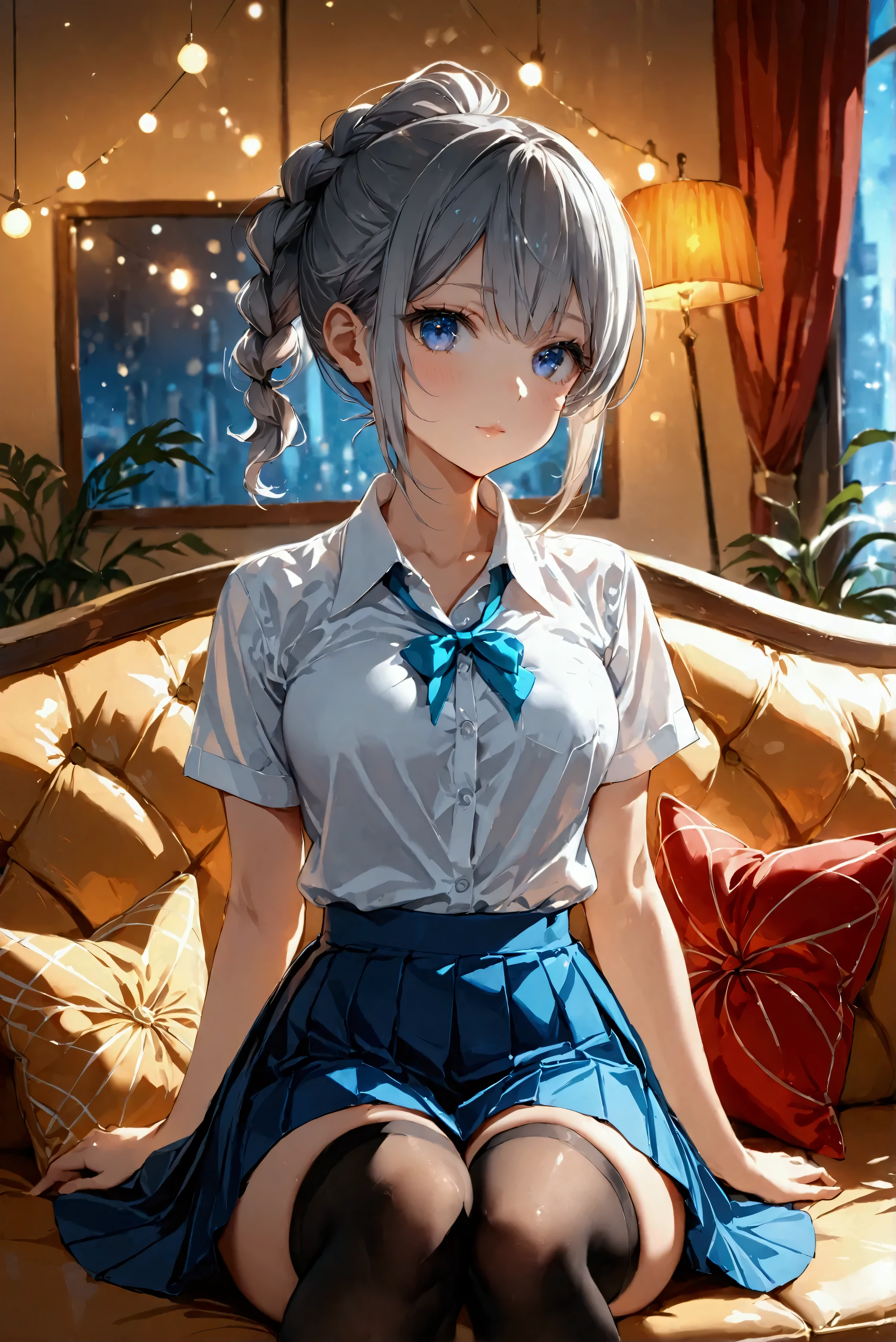 1 Girl,  girl, student, dark blue pleated skirt, skirt, white button shirt that's tucked, black thigh highs, stockings, short hair, back knot hair, grey hair, braided side to ponytail, short ponytail, asymmetrical bangs, turquoise eyes, human, cute, sexy, front facing, facing camera, facing viewer front view, looking at viewer, sitting, sitting on couch,  couch, living room, cute pose, full body, master piece, best quality, sharp lines, 8k, 8k Ultra HD, bokeh, blurred back ground, f/2.8 Aperture, depth of field