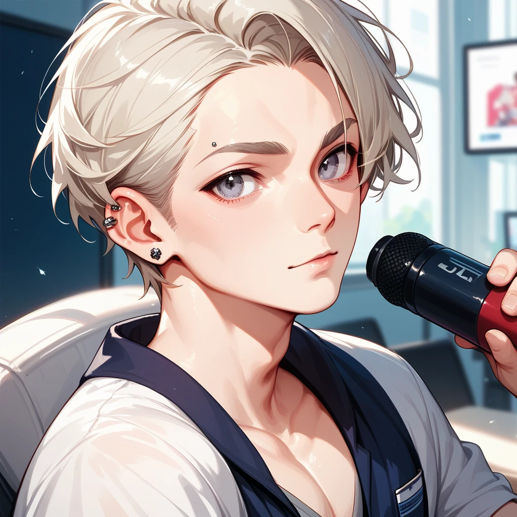 score_9, score_8_up, score_7_up,((8k)),1boy, university student, platinum blonde short hair ,Grey Eyes, Incredibly Handsome,Tall, slender,Unique and stylish outfit ,Piercing in one ear,Alone