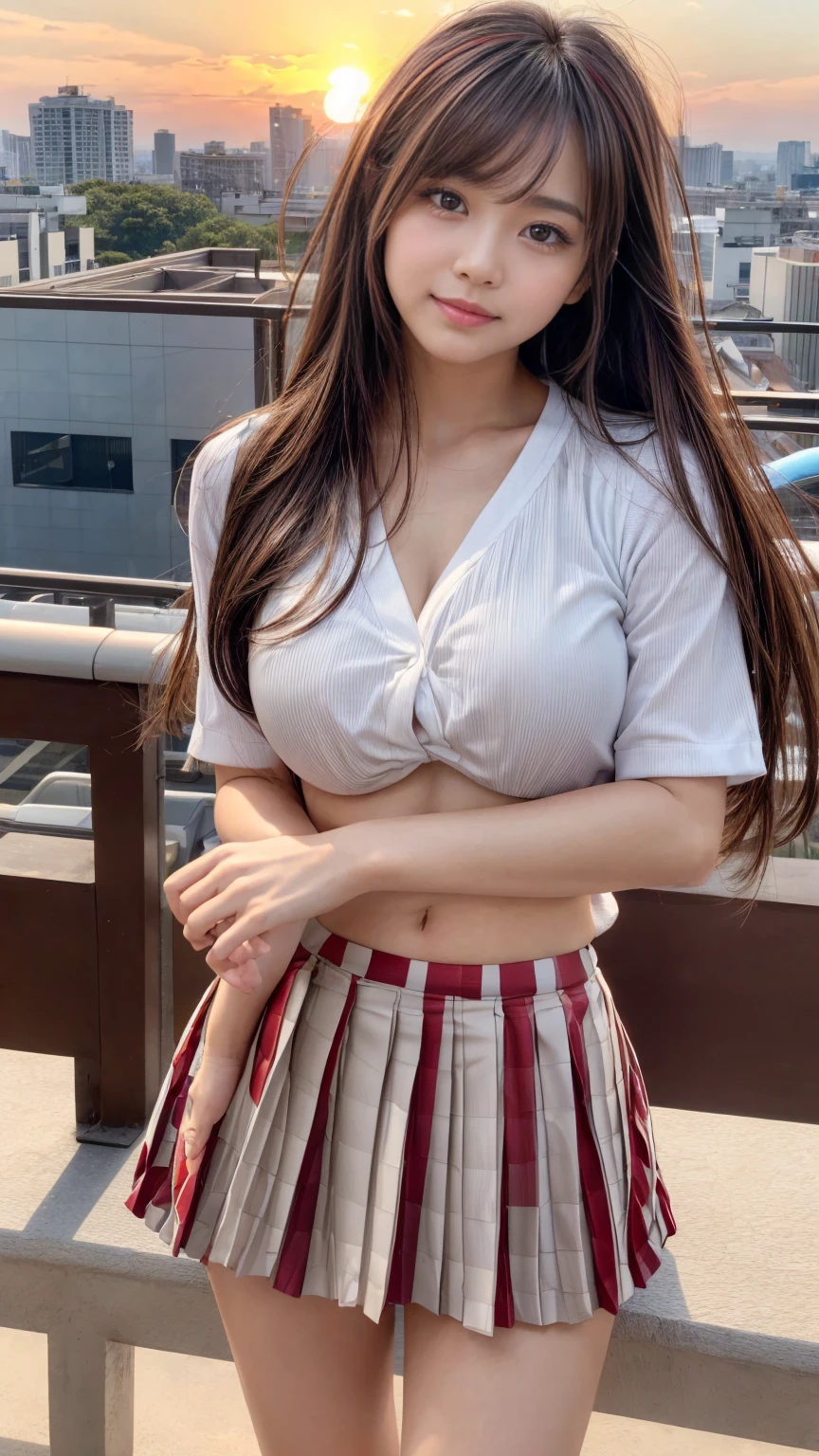 muste piece, best quality, illustration, Super detailed, fine details, High resolution, 8K,wall paper, perfect dynamic composition,(Details High quality, realistic depiction of eyes:1.3), (cheer leader), pleated skirt, straight hair, black hair color, Big Natural Color Lip, bold sexy pose, crying a little、cold gaze, Harajuku style、20 year old girl、cute type、lolita、beautiful legs, hotel room, hposing Gravure Idol, standing