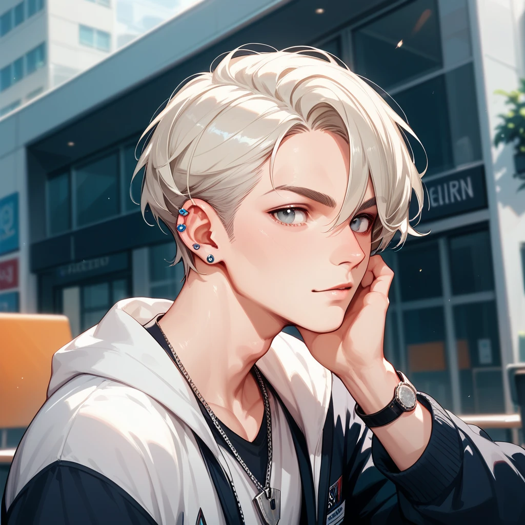 score_9, score_8_up, score_7_up,((8k)),1boy, university student, platinum blonde short hair ,Grey Eyes, Incredibly Handsome,Tall, slender,Unique and stylish outfit ,Piercing in one ear,Alone