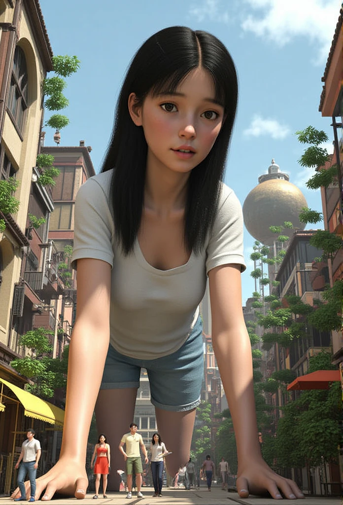  amazing realism， escaping from Lilliput A giant woman bravely invading the country， detailed footage of advanced giants ，Detailed footage of a giant woman ，Giantess Art， high school girl，Short sleeve，（（（ interacting with a giant woman many small people 々）））