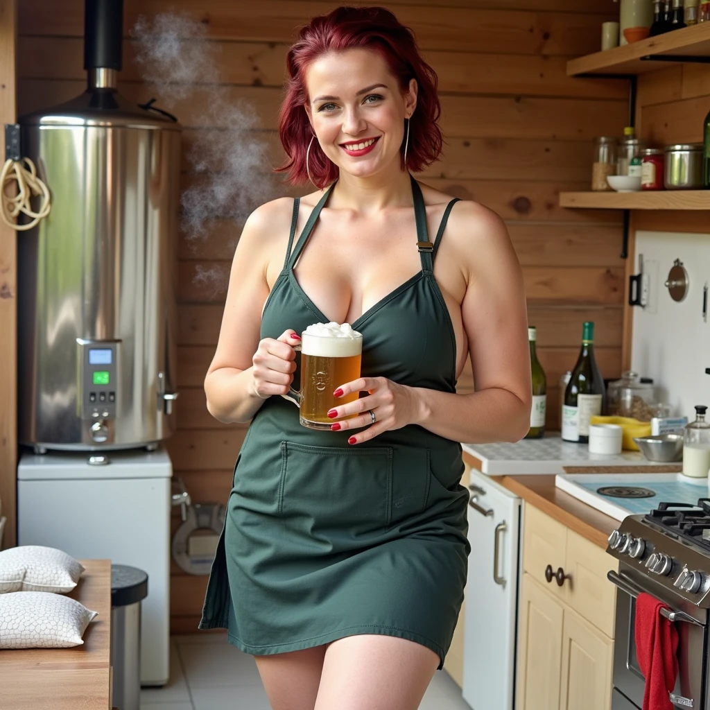 Frontal view. High quality. Full-length photo. Beautiful pleasant woman 30-32 years old, abnormal colossal biggest lush jambo tits full-breasted, short wavy dark red hair slicked back, in a dark green short small sized kitchen apron with hohloma deep neckline on her naked body, brewing homemade beer. Naked gorgeous legs X-position and (knees:1.1). Lovely nice knees. Divine waist. Beautiful hips. Hanging tits. She is gorgeous. Red manicure. She is holding a mug full of fresh beer with a large foamy head in her hand. The home brewery is located outside. In the background is a private house, a modern vat for brewing beer, a stove, bags of grain, spices, hops and a lot of utensils. A little steam is visible. Very light photo. Daylight. Lots of daylight. The face is brightly lit by daylight. The sun is shining on the front of the body. The sun is behind the photographer.