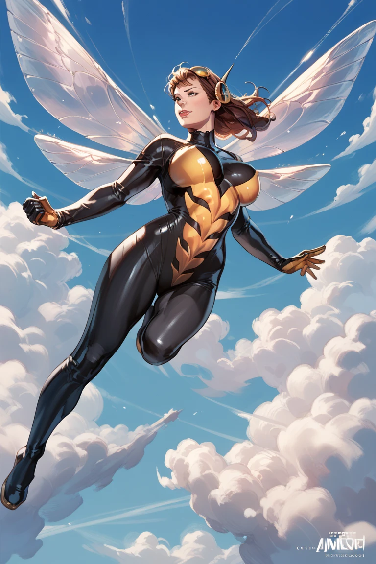 The wasp, classic black suit, tight suit,flying in the clouds,detailled abs,big breast