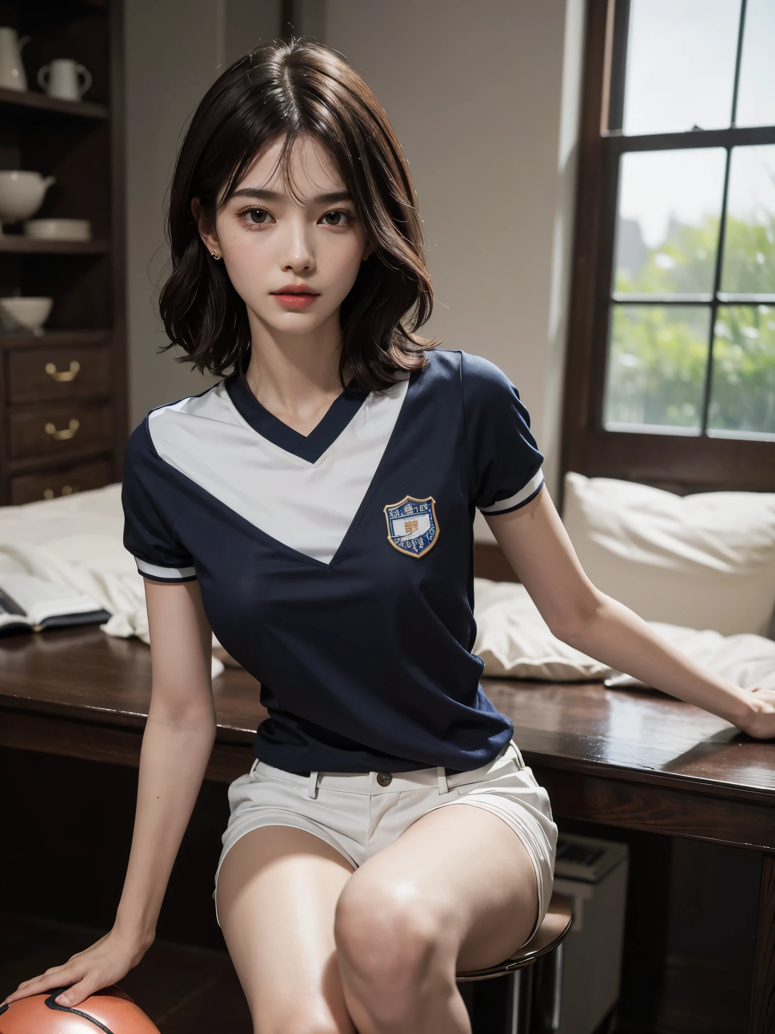 (Photo realism: 1.4), (Surrealism: 1.4), (Practical: 1.3), (soft light: 1.05), (Improved lighting: 0.9), 32k, 1 girl, 20 year old girl, Practical lighting, Backlight, face light, Ray Tracing, (Whitening Light: 1.2), (Image Enhancement: 1.4), ( Top quality leather: 1.4), Narrow your eyes, delicate face, Narrow your eyes, (Body lines, mood boost: 1.1), Breasts that are too large, Large target, (Improve skin quality and beauty: 1.1),volleyball uniform:1.4, indoor_volleyball_court_background:1.4, Thighs Thighs Thighs Thighs, protrude , crotch