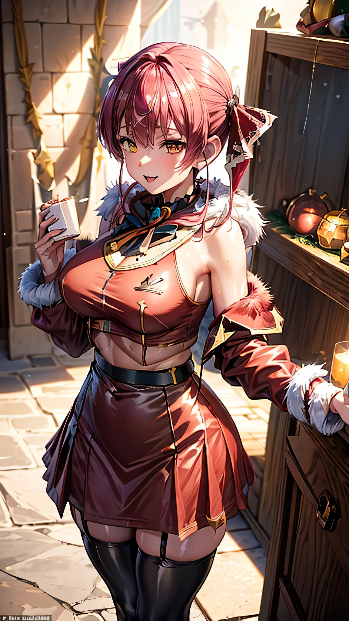 (highest quality)), ((masterpiece)), (familiar), Perfect Face,Shiny skin,Beautiful breasts、Shiny skin、(((Santa dress、mini skirt、garter、fish net tights、 hoodie、fur jacket、fur muffler、)))、oil skin、Sweat、Off the shoulder、Double teeth 、、Big Breasts、Embrace、winter、(((RED hair)))、close、near、(((candle)))、、(((Houshou Marine / Hololive . )))、(((Christmas)))、(((Treasure Room)))