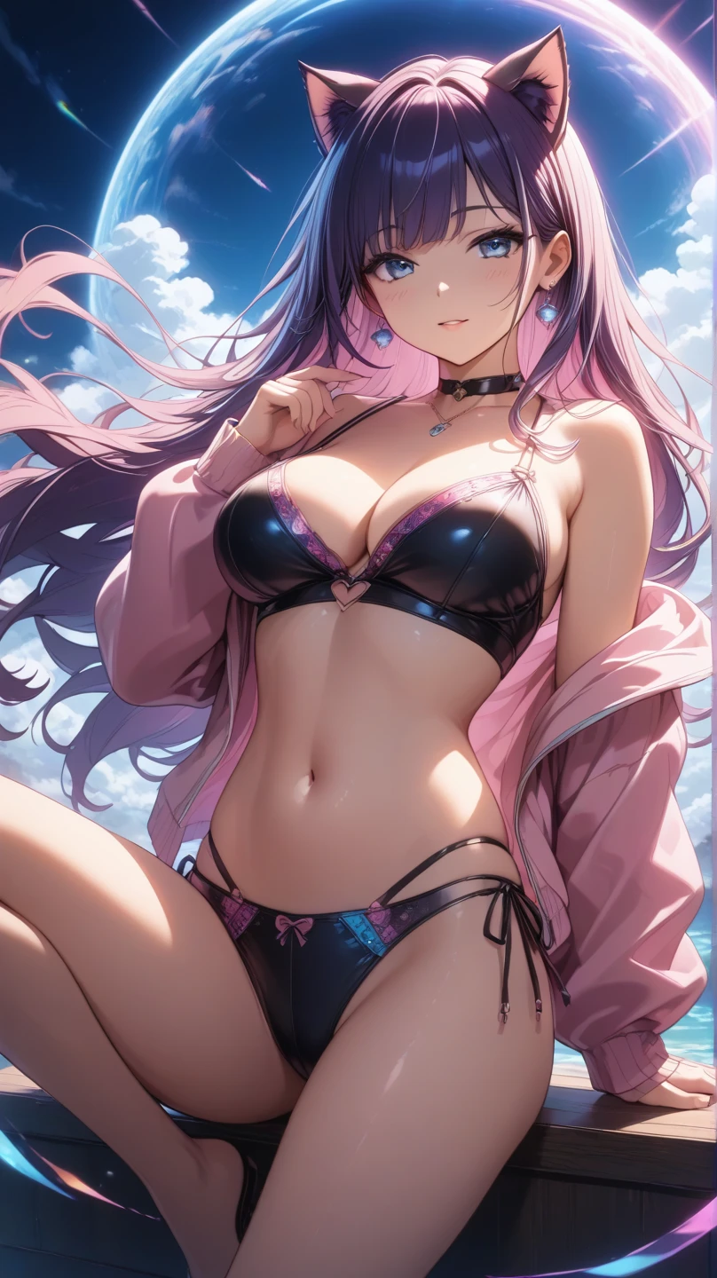 Anime girl in a short swimsuit holding a purple butterfly, The bikini,an anime drawing by Kamagurka, Pixiv Contest Winner, shin hanga, anime moe art style, Misato Katsuragi, marin kitagawa fanart, High quality anime art style, Anime visuals of cute girls, style of magical , Official art, magical little girlof magical little girl,opening le