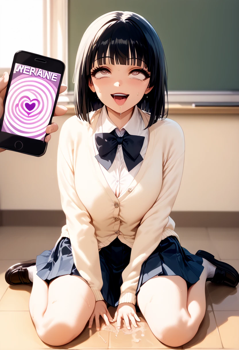  8k, masterpiece,  top quality ,  high res, Details Hand ,   with long slender fingers  , detail face, Detailed feet,  perfect lighting, Glossy Skin, ( One girl , Alone, hypnosis,@_@,empty_eyes
blank_stare,Spiral_eyes,Details Girls , 20 year old girl ), cute girl, ( black hair,  low twin-tail hair , Hime Cut,  brown eyes,  medium bust), (white open cardigan ,  white shirt,  black pleated skirt ,  black loafers), (Morden , classroom), ( sitting), ( hollow eyes,  brainwashed, hypnotism), (smile,  rolling back eyes while shivering at sexual climax ,  makes me drool, sweat:1.3), ( shudders at sexual climax,  excited, :1.2), (Telephone, Heart Symbols), (throw), ( plump nipples:0.5)