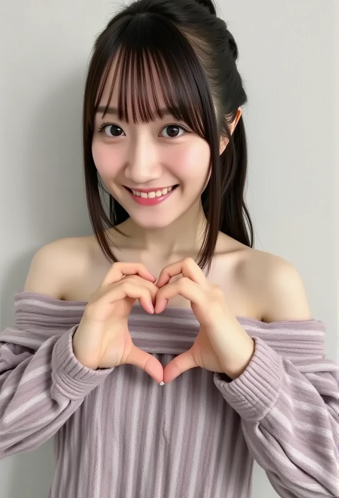 A smiling woman is posing alone in off-the-shoulder pajamas,   I'm making a heart shape with both hands、Physical-based rendering of , View above the collarbone、  has a monotone background  、
