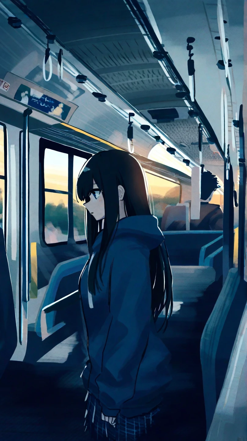  A manga style illustration in black and white that represents an atmosphere melancholic and urban .  The protagonist is a young woman with long hair , straight and dark,  dressed in a loose hooded sweatshirt , which she is wearing .  Her gaze is directed downwards ,  reflecting an introspective and emotionally distant state .  The background shows the interior of a public transport  ( possibly a train or bus ),  with large windows through which you can see electrical poles and wiring lines in a minimalist urban landscape.  The composition is marked by thin and detailed lines , with an inky-like shade ,  and a strong contrast between blacks and light greys that highlight the subtle emotions of the character .  The visual style recalls the manga seinen with influence on modern Japanese art ,  managing to convey loneliness and nostalgia in an everyday environment 