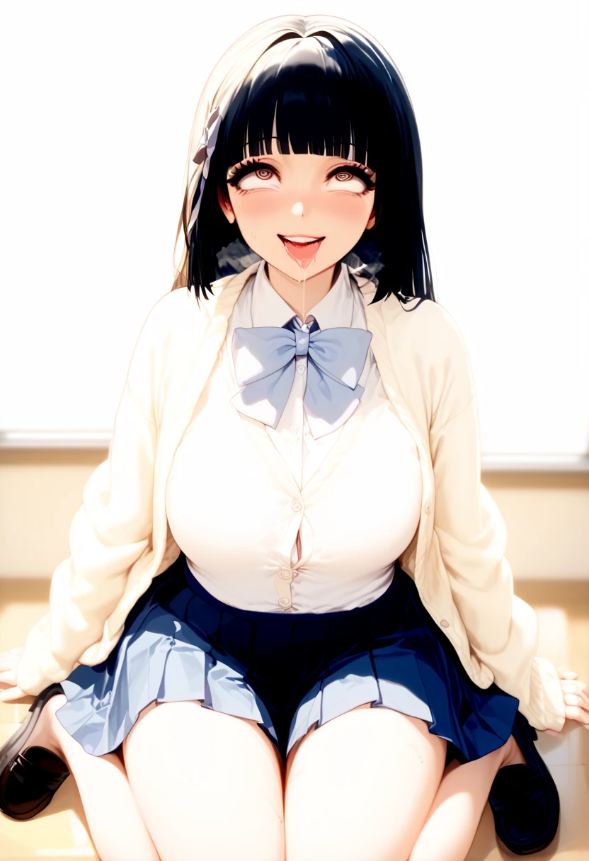  8k, masterpiece,  top quality ,  high res, Details Hand ,   with long slender fingers  , detail face, Detailed feet,  perfect lighting, Glossy Skin, ( One girl , Alone, hypnosis,@_@,empty_eyes
blank_stare,Spiral_eyes,Details Girls , 20 year old girl ), cute girl, ( black hair,  low twin-tail hair , Hime Cut,  brown eyes,  medium bust), (white open cardigan ,  white shirt,  black pleated skirt ,  black loafers), (Morden , classroom), ( sitting), ( hollow eyes,  brainwashed, hypnotism), (smile,  rolling back eyes while shivering at sexual climax ,  makes me drool, sweat:1.3), ( shudders at sexual climax,  excited, :1.2), (Telephone, Heart Symbols), (throw), ( plump nipples:0.5)