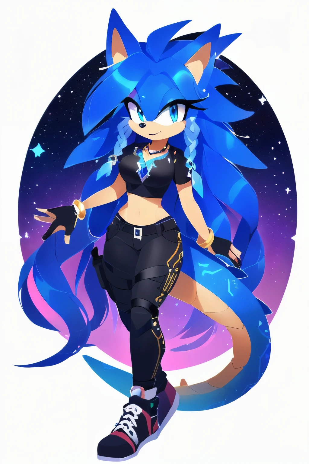 Sonic oc, Mobian, female, sonic the hedgehog but female, Cosmic hedgedragon (hedgehog and dragon hybrid), A beautiful light blue hedgehog, purplish blue eyes, very long hair/quills, braided and beaded long hair bangs, long streaks of hair on each side of her face, (star constellation on hair, beads on hair, smooth fur, slim thick hourglass body, slim fit, wearing black tactical shirt, tight shirt, tactical pants, black trainers, black fingerless gloves, ankle bracelet on both legs, no footwear, beaded hair, flowing hair, long hybrid dragon tail decorated with rings on them, rudragon,