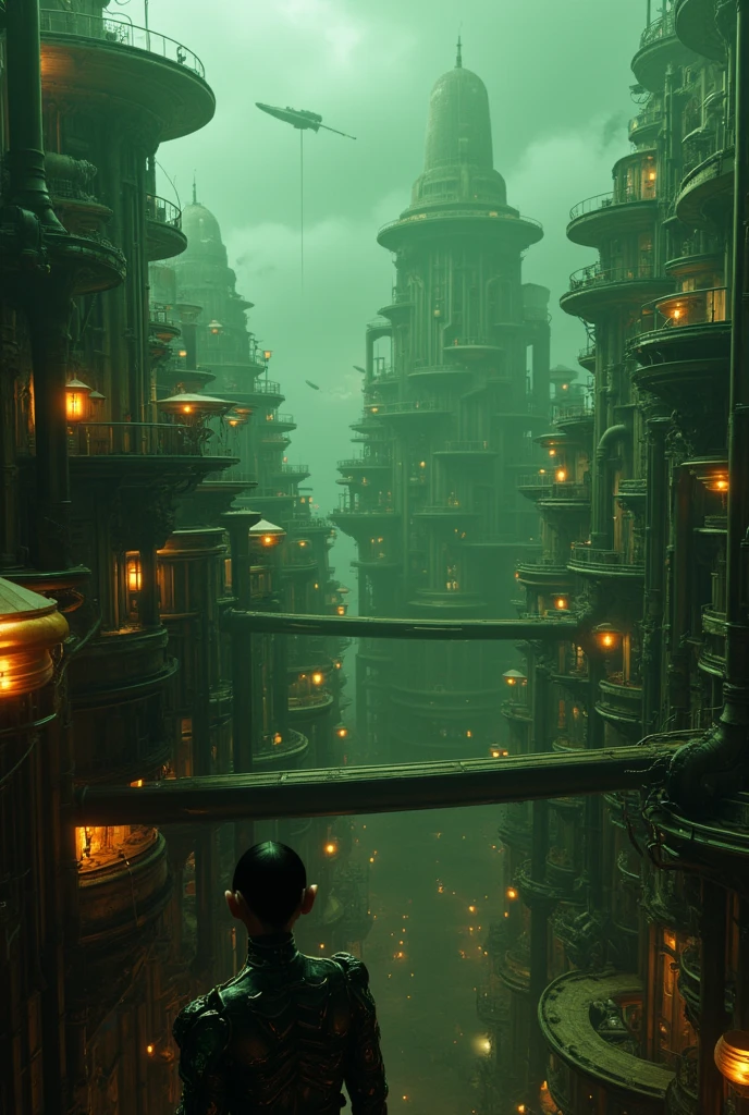  Large biomechanical city in the greenish fog .  under a dark sky .  Sprawling organic pipes coming out of the gigantic twisted structure , round copper cornices , des ponts qui relient différence niveau,  Vehicles flying floating between buildings made of metal and concrete .  Black smoke coming out of alleys in inhabited bridges .  Spherical lamps in warm light ,  Orange glows in the darkest areas . Des vaisseaux montrant que leur silhouettes dans les nuages.  Structures of several terraces mixed by electrical cables ,  Wearing an integral suit that develops by a living black substance {x} iron vaults on certain facades with an opening of the courtyards in buildings living in markets.  The ground that is in the depths of the city is barely visible . Sur une rebords des plus des structures,  almond-shaped eyes in orange color , (oval face, peau porcelaine,  black hair , With ,  smooth semi-short .)  a mutant woman with an arc created by her costume , (sticky dark matter , montrant les