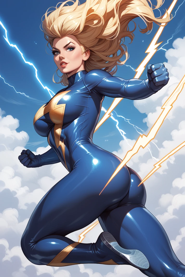 Ms marvel, classic suit, tight suit,flying in the clouds,detailled abs,big breast, lightning power,ass