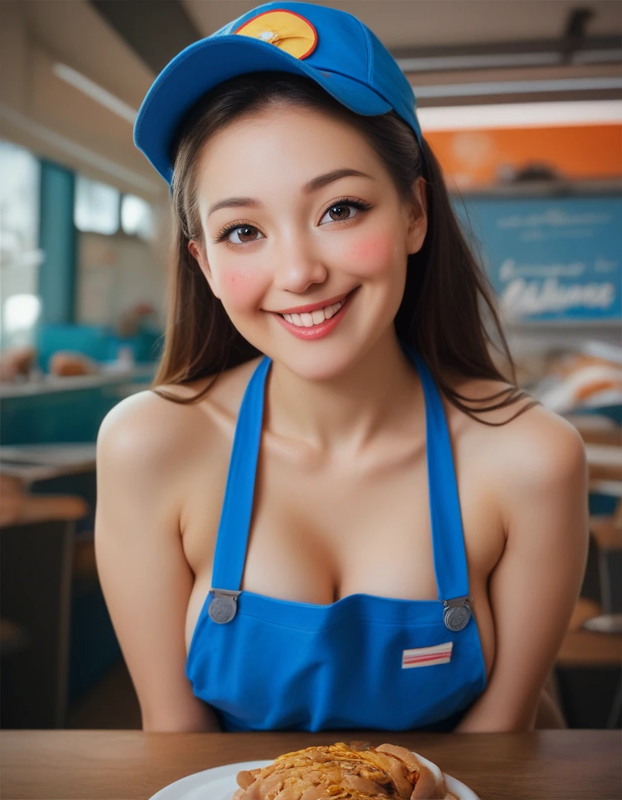 cute petite brunette woman in fast food worker outfit, blue hat, blue apron, blue collard shirt, big boobs, smiling, red cheeks, blushing, large brown eyes, black eye liner, brunette hair, sexy, cute, busty, restaurant background, realistic, extremely detailed