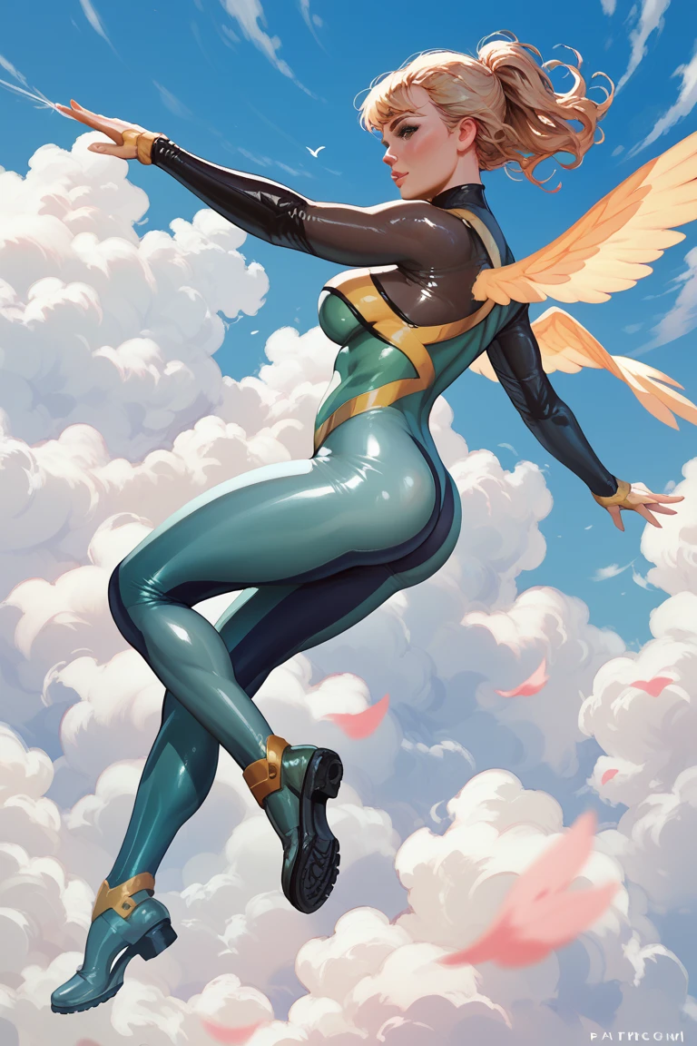 Jean grey, tight suit,flying in the clouds,detailled abs,big breast,ass