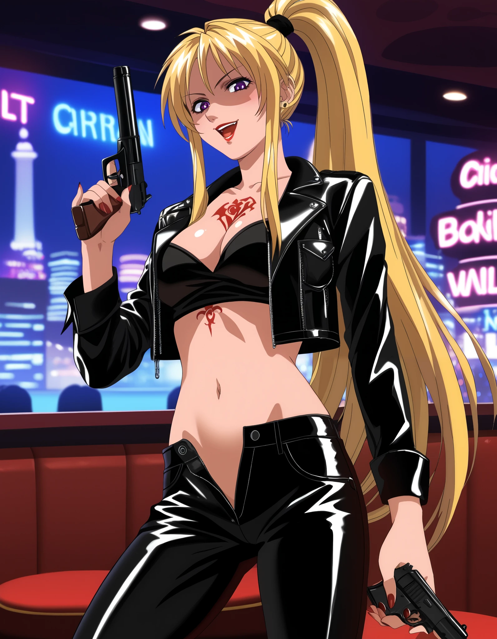 looking at viewer,evil smile,shaded_face,parted lips,looking down,
solo,KaoriSaeki,1girl,blonde hair,ponytail,purple eyes,
, ear piercing, long hair, blush, lipstick,Hot girl, baddie, smoking, sensual, attractive ,bar
background, inside bar,indoors, cityscape, casino, nightclub, city lights, masterpiece, best quality, highly detailed, a girls with a gun, evil smile , open mouth, sexy gaze, badass
pose , evil smile, smile, (nsfw) not safe for work, guns blazing, anime girl with long hair, beautiful long
haired girl, navel, evil expression, exposed belly, exposed navel, exposed midriff, exposed lower belly,
long black pants, crop top, cleavage, unbuttoned leather pants ,open fly, low rise black leather pants,
leather jacket, holding a gun, holding pistol,  , cleavage, unbuttoned shirt,shirt, knot,, dragon tattoo , tattoo midriff, rose tattoo, shiny skin, 