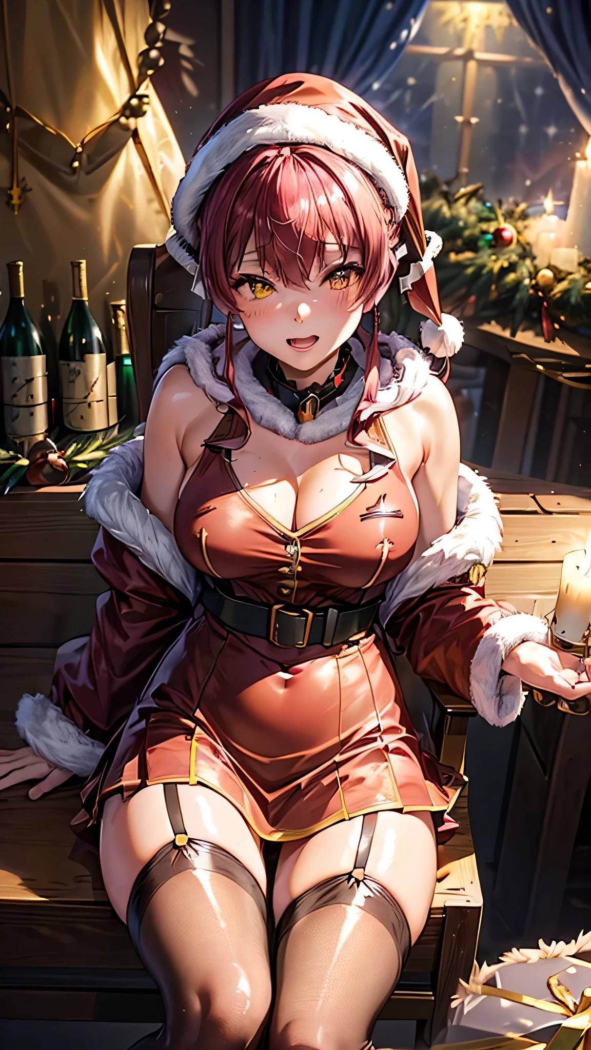 (highest quality)), ((masterpiece)), (familiar), Perfect Face,Shiny skin,Beautiful breasts、Shiny skin、(((Santa dress、mini skirt、garter、fish net tights、 hoodie、fur jacket、fur muffler、)))、oil skin、Sweat、Off the shoulder、Double teeth 、、Big Breasts、Embrace、winter、(((RED hair)))、close、near、(((candle)))、、(((Houshou Marine / Hololive . )))、(((Christmas)))、(((Treasure Room)))、(((sparkling wine bottle)))、(((sit on chair)))